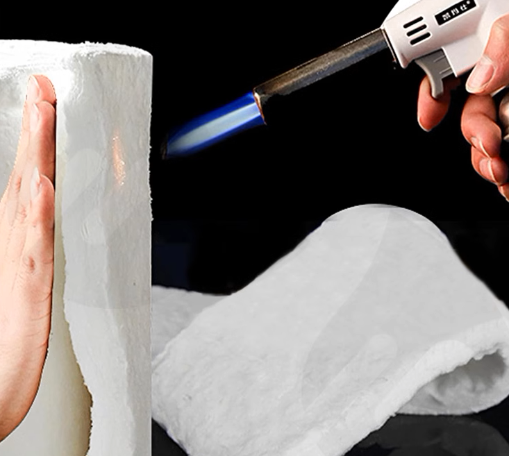 A person's hand using a lighter to heat a piece of ceramic fiber insulation.